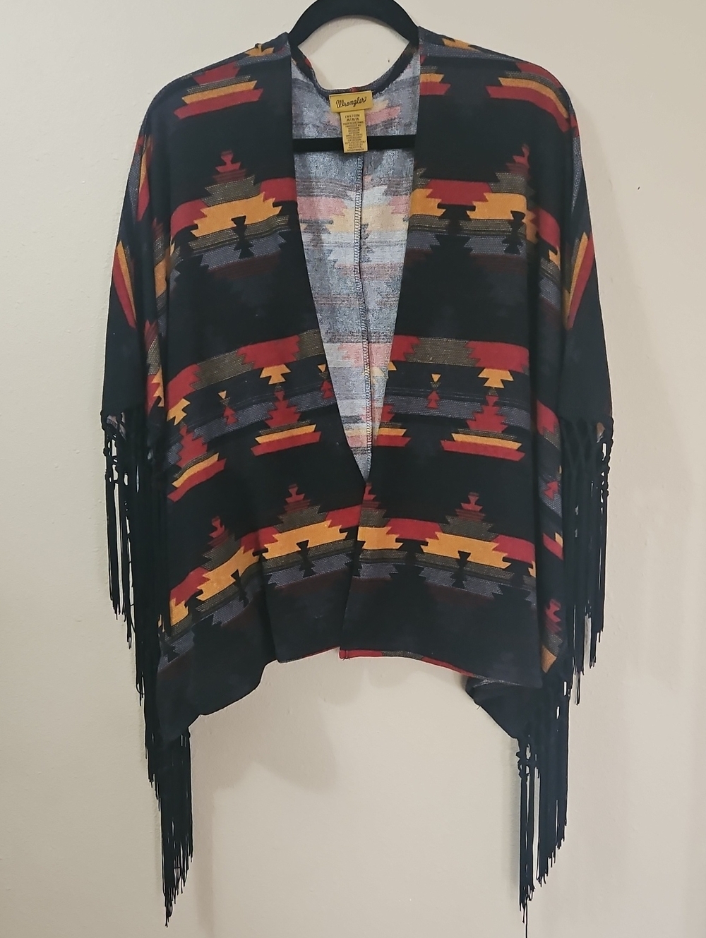 Wrangler Black Aztec Fringe Poncho with Red and Gold Accents
